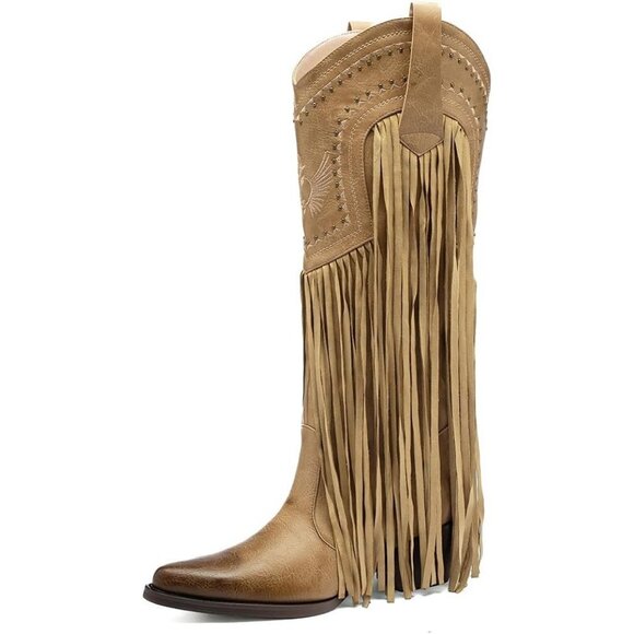 Shoes - Women's Fashion Pointed Toe Chunky Pull On Knee High Heel Embroidered Tan Boot